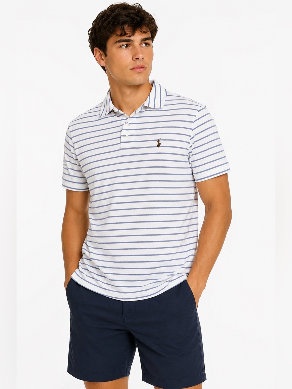 Polo Ralph Lauren Striped Cotton Mesh Polo Shirt White Blue Pony Logo XL (18-20)